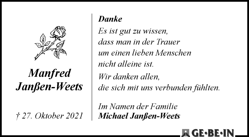  Traueranzeige für Manfred Janßen-Weets vom 04.12.2021 aus WESER-KURIER