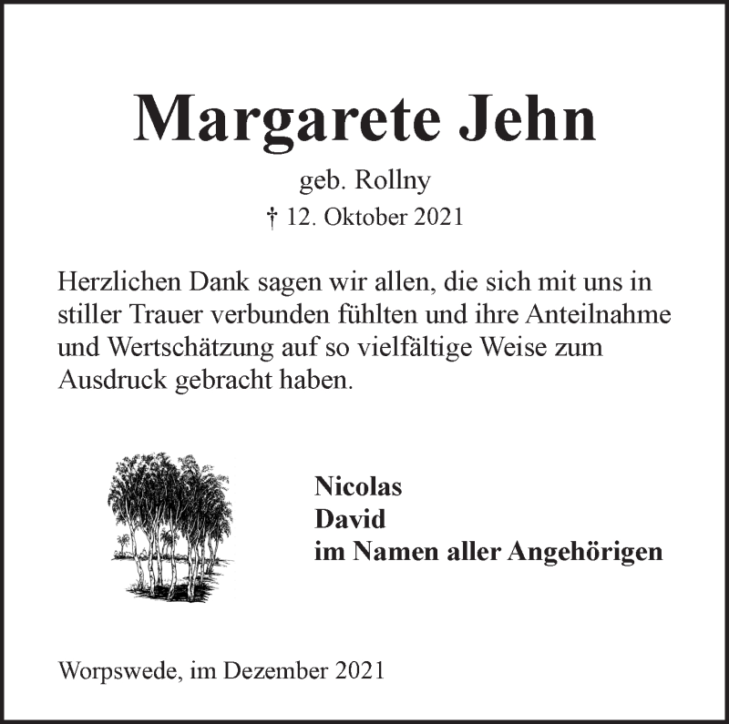  Traueranzeige für Margarete Jehn vom 11.12.2021 aus WESER-KURIER