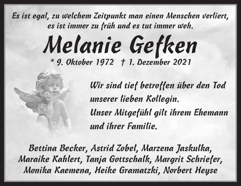  Traueranzeige für Melanie Gefken vom 11.12.2021 aus Wuemme Zeitung