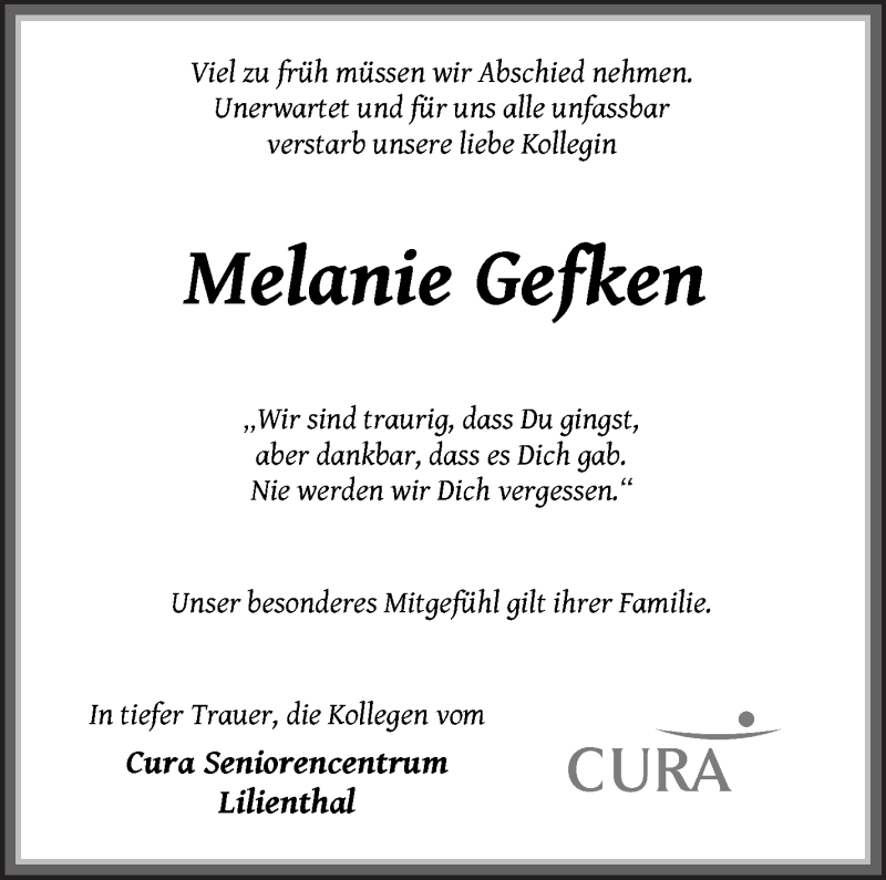  Traueranzeige für Melanie Gefken vom 11.12.2021 aus Wuemme Zeitung