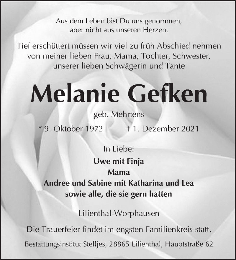  Traueranzeige für Melanie Gefken vom 04.12.2021 aus Wuemme Zeitung