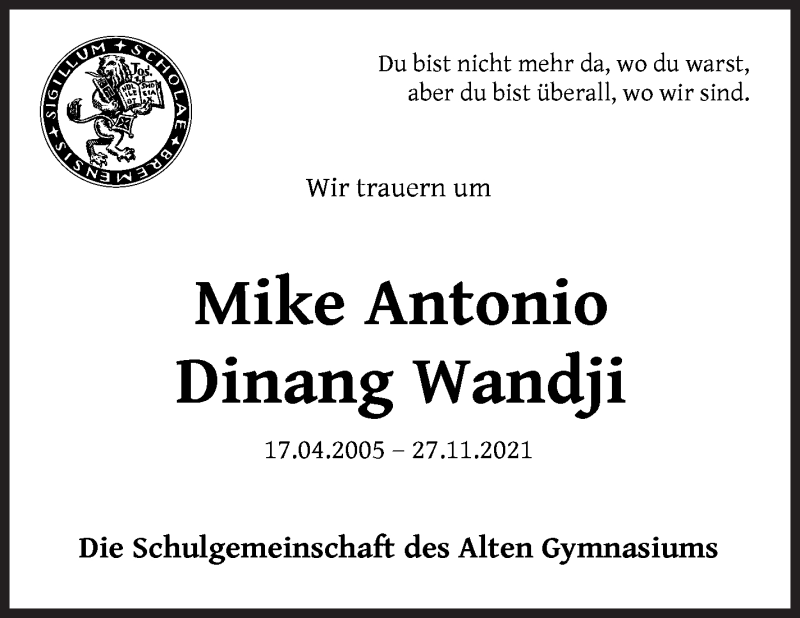  Traueranzeige für Mike Antonio Dinang Wandji vom 04.12.2021 aus WESER-KURIER