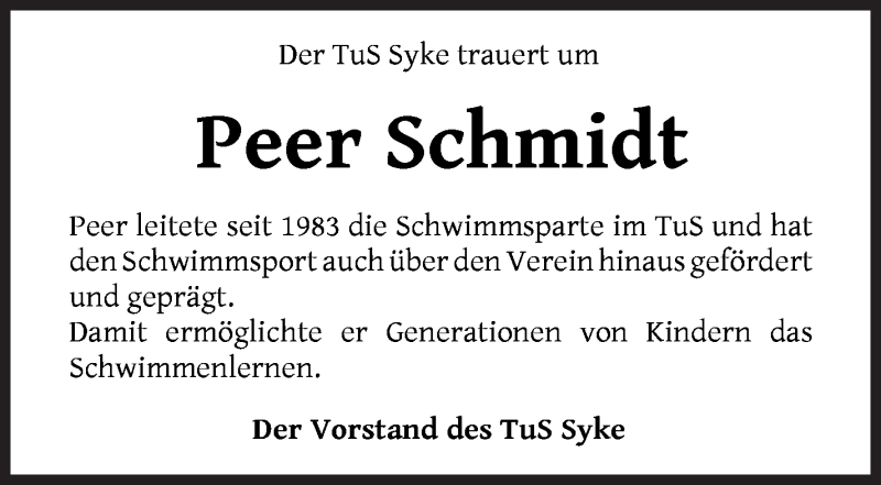 Traueranzeige von Peer Schmidt von Regionale Rundschau/Syker Kurier