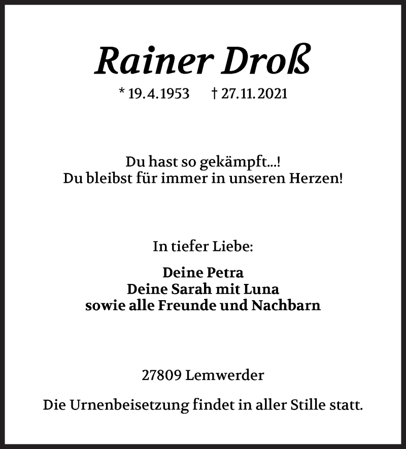 Traueranzeige für Rainer Droß vom 01.12.2021 aus Die Norddeutsche