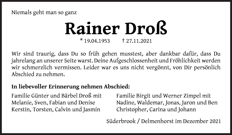  Traueranzeige für Rainer Droß vom 04.12.2021 aus Delmenhorster Kurier