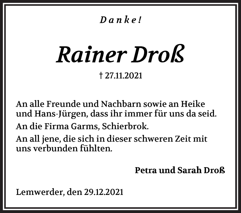  Traueranzeige für Rainer Droß vom 29.12.2021 aus Die Norddeutsche