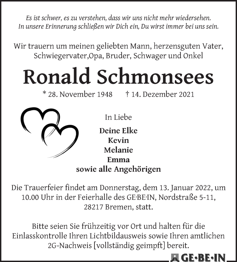  Traueranzeige für Ronald Schmonsees vom 31.12.2021 aus WESER-KURIER