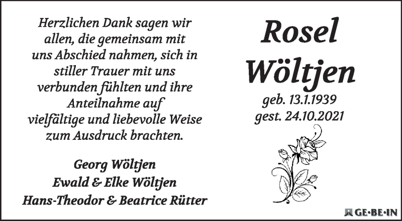 Traueranzeige von Rosel Wöltjen von WESER-KURIER