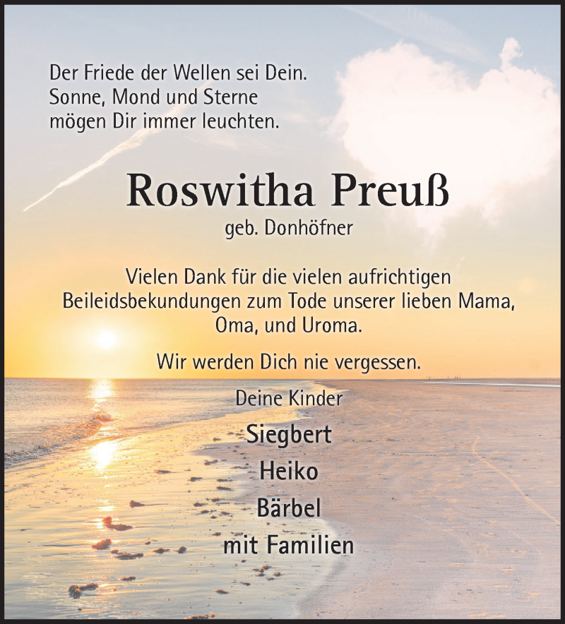 Traueranzeige von Roswitha Preuß von Die Norddeutsche