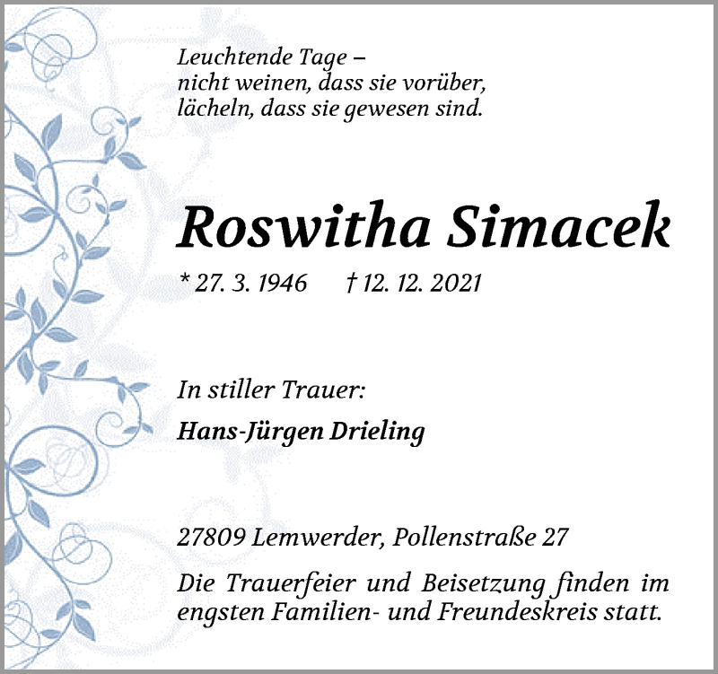 Traueranzeige von Roswitha Simacek von Die Norddeutsche