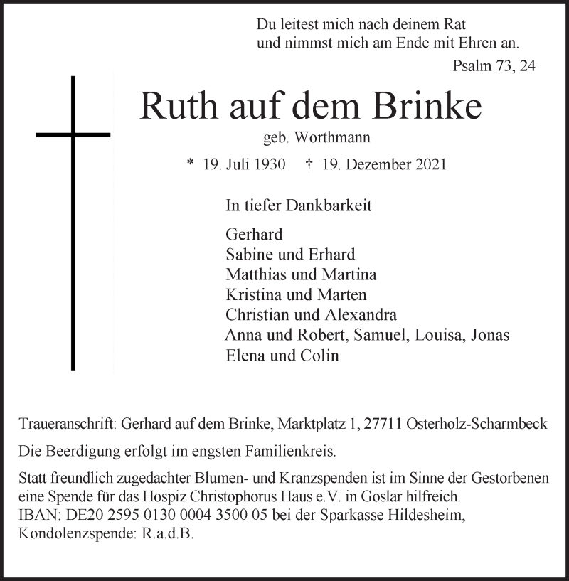  Traueranzeige für Ruth auf dem Brinke vom 23.12.2021 aus Osterholzer Kreisblatt