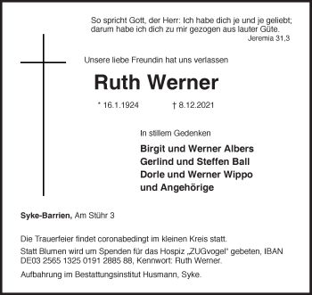 Traueranzeige von Ruth Werner von Regionale Rundschau/Syker Kurier