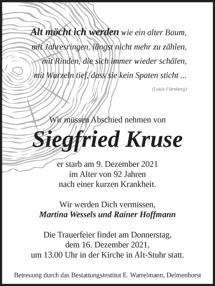  Traueranzeige für Siegfried Kruse vom 14.12.2021 aus Regionale Rundschau/Syker Kurier