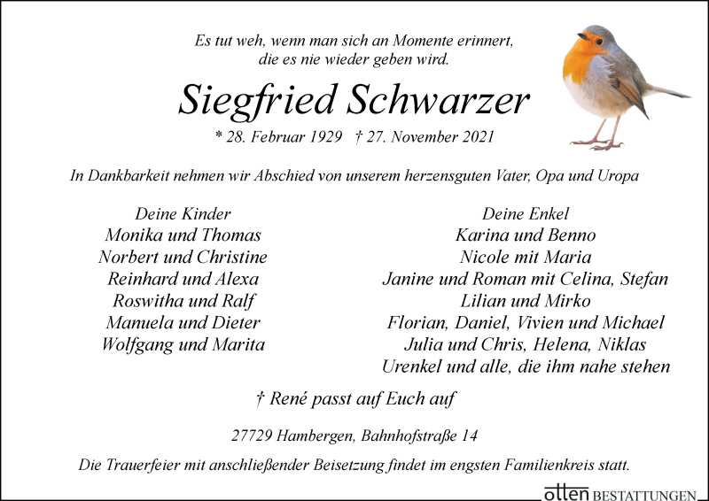  Traueranzeige für Siegfried Schwarzer vom 04.12.2021 aus Osterholzer Kreisblatt