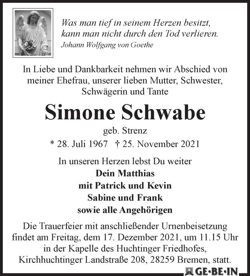 Traueranzeige von Simone Schwabe von WESER-KURIER
