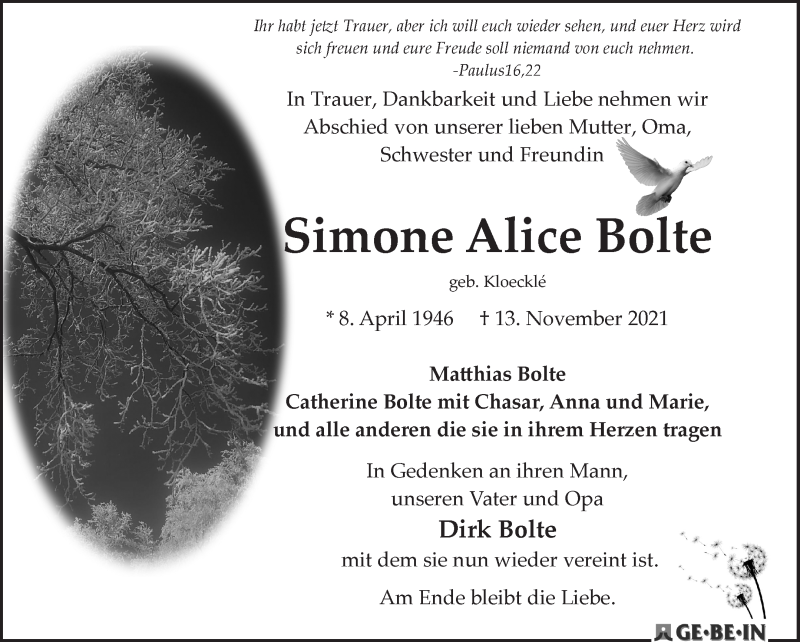  Traueranzeige für Simone Alice Bolte vom 11.12.2021 aus WESER-KURIER