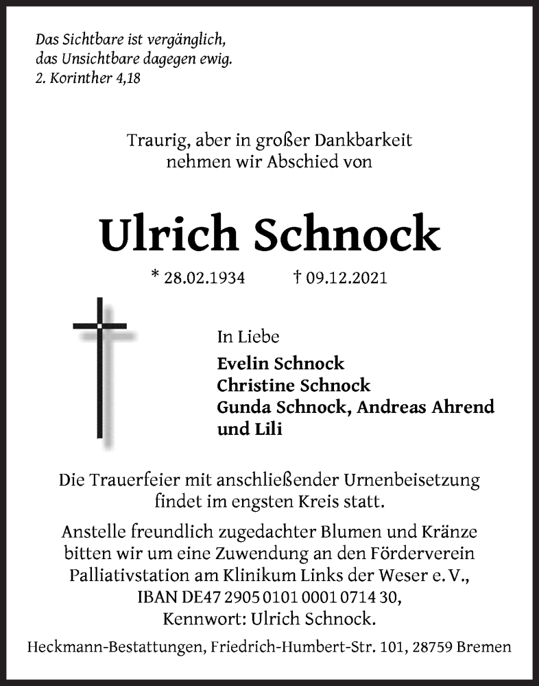  Traueranzeige für Ulrich Schnock vom 18.12.2021 aus WESER-KURIER
