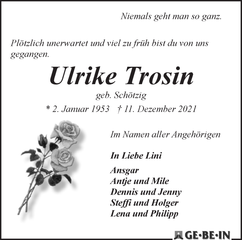 Traueranzeige von Ulrike Trosin von Osterholzer Kreisblatt