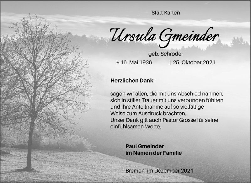 Traueranzeige von Ursula Gmeinder von WESER-KURIER