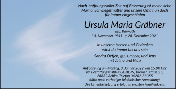 Traueranzeige von Ursula Maria Gräbner von WESER-KURIER