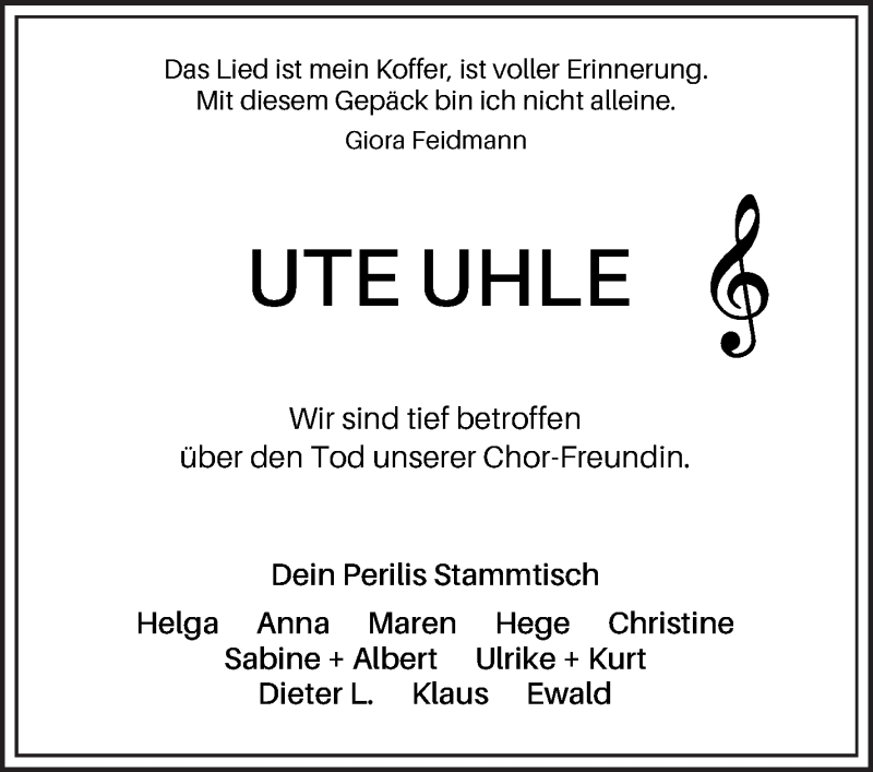 Traueranzeige von Ute Uhle von Wuemme Zeitung