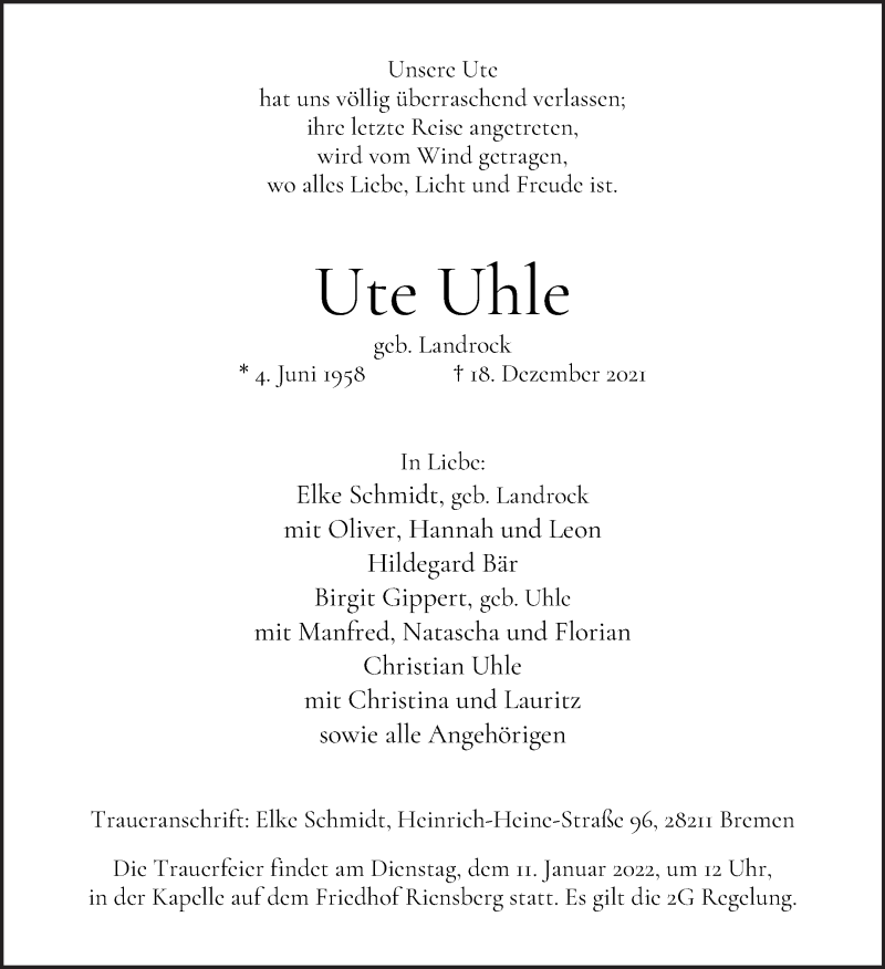 Traueranzeige von Ute Uhle von WESER-KURIER