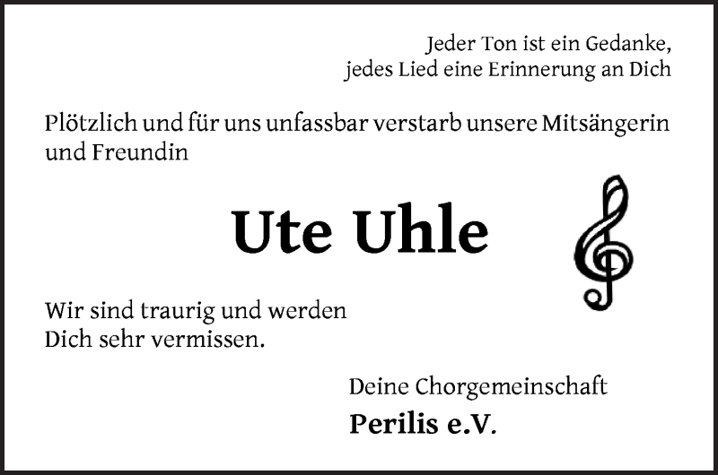 Traueranzeige von Ute Uhle von Wuemme Zeitung