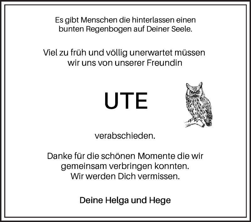 Traueranzeige von Ute Uhle von Wuemme Zeitung