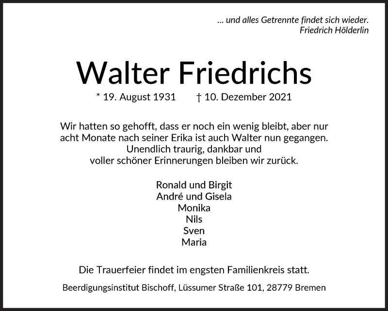 Traueranzeige von Walter Friedrichs von Die Norddeutsche
