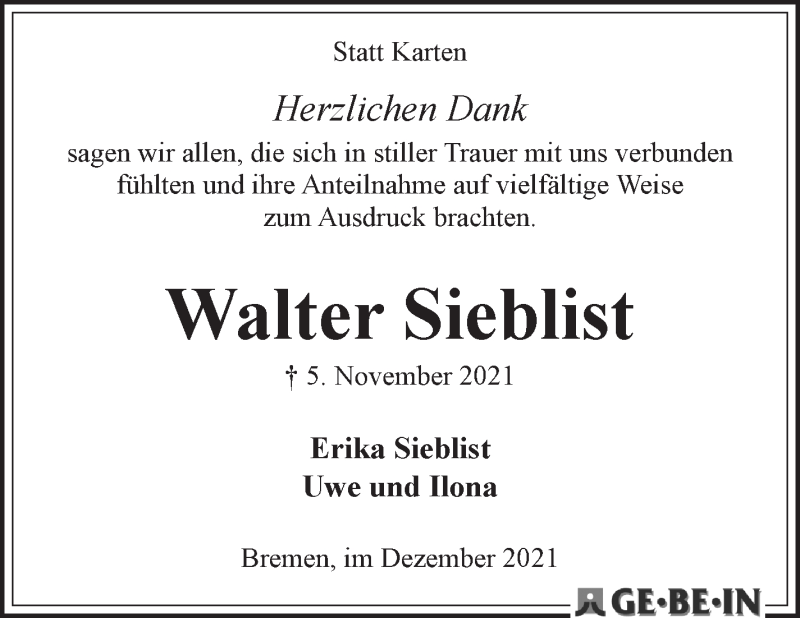  Traueranzeige für Walter Sieblist vom 11.12.2021 aus WESER-KURIER