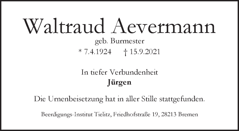 Traueranzeige von Waltraud Aevermann von WESER-KURIER