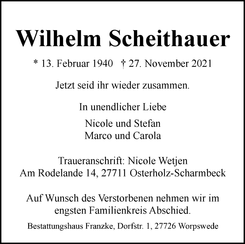  Traueranzeige für Wilhelm Scheithauer vom 04.12.2021 aus WESER-KURIER