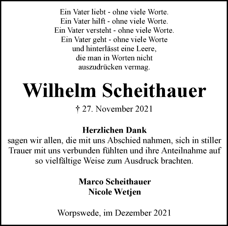  Traueranzeige für Wilhelm Scheithauer vom 24.12.2021 aus Wuemme Zeitung