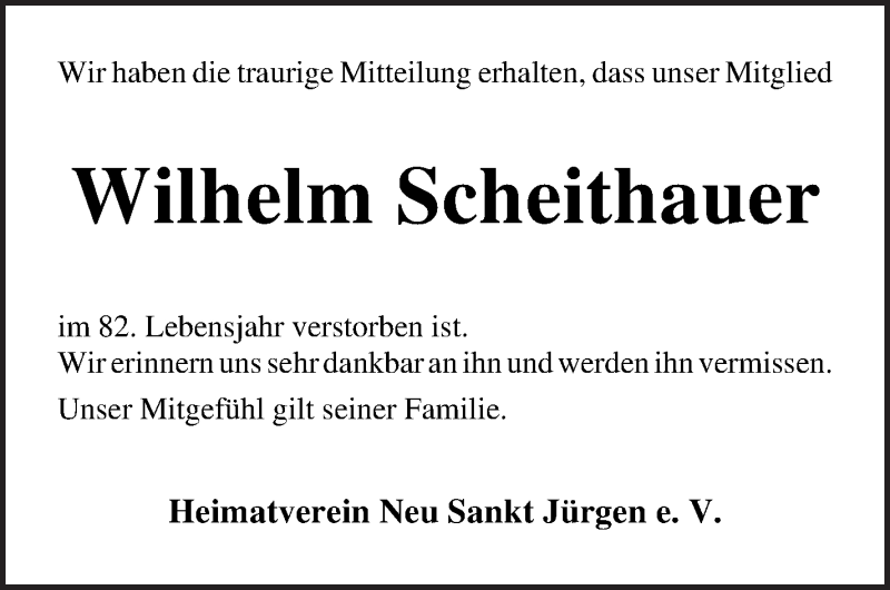  Traueranzeige für Wilhelm Scheithauer vom 07.12.2021 aus Wuemme Zeitung
