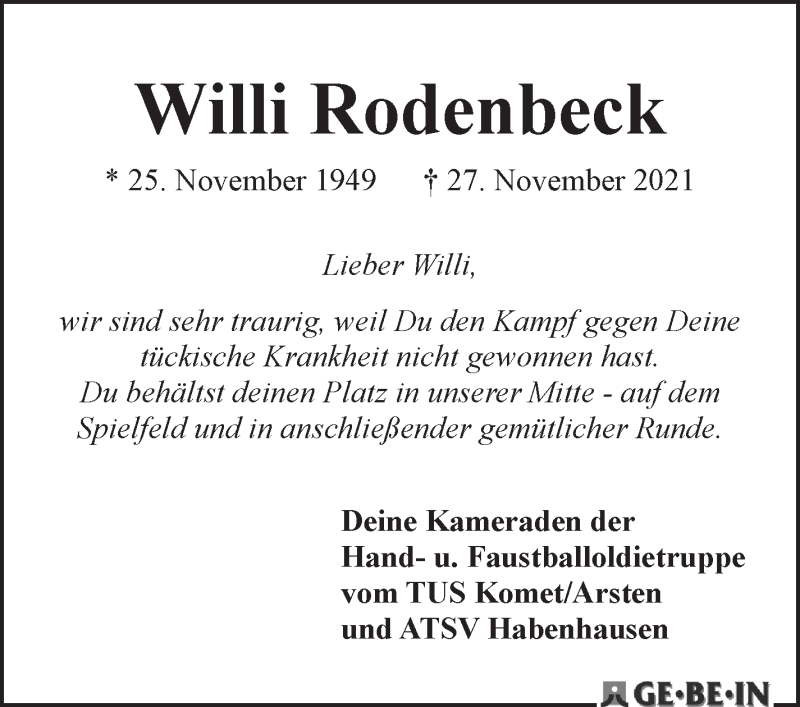  Traueranzeige für Willi Rodenbeck vom 04.12.2021 aus WESER-KURIER