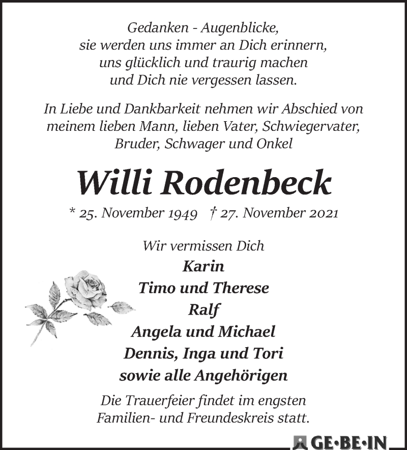 Traueranzeige für Willi Rodenbeck vom 04.12.2021 aus WESER-KURIER