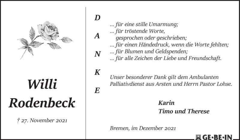  Traueranzeige für Willi Rodenbeck vom 31.12.2021 aus WESER-KURIER