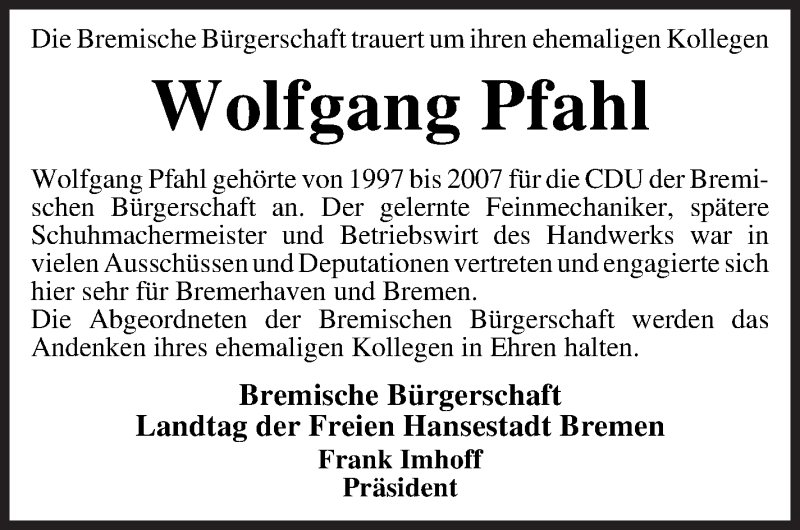  Traueranzeige für Wolfgang Pfahl vom 30.12.2021 aus WESER-KURIER