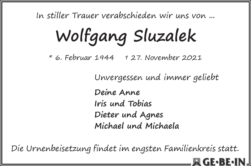  Traueranzeige für Wolfgang Sluzalek vom 11.12.2021 aus WESER-KURIER