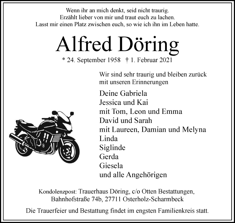  Traueranzeige für Alfred Döring vom 06.02.2021 aus Osterholzer Kreisblatt