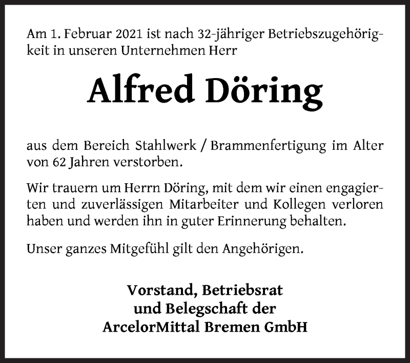  Traueranzeige für Alfred Döring vom 06.02.2021 aus WESER-KURIER