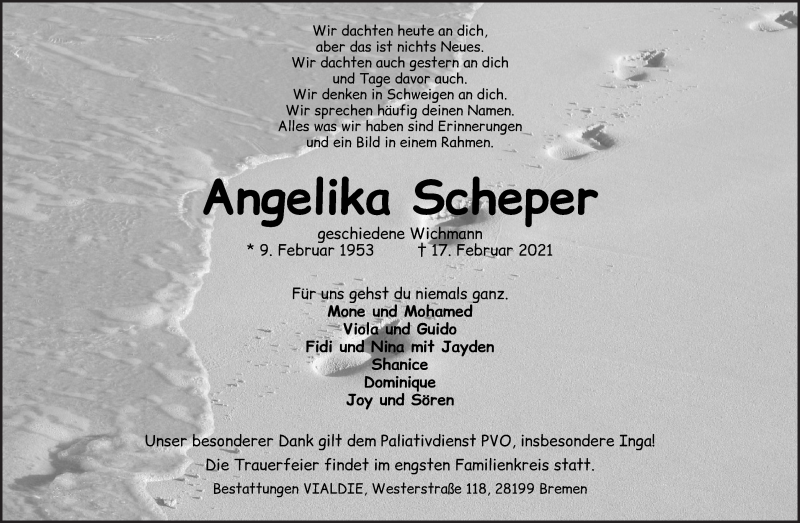  Traueranzeige für Angelika Scheper vom 20.02.2021 aus Wuemme Zeitung