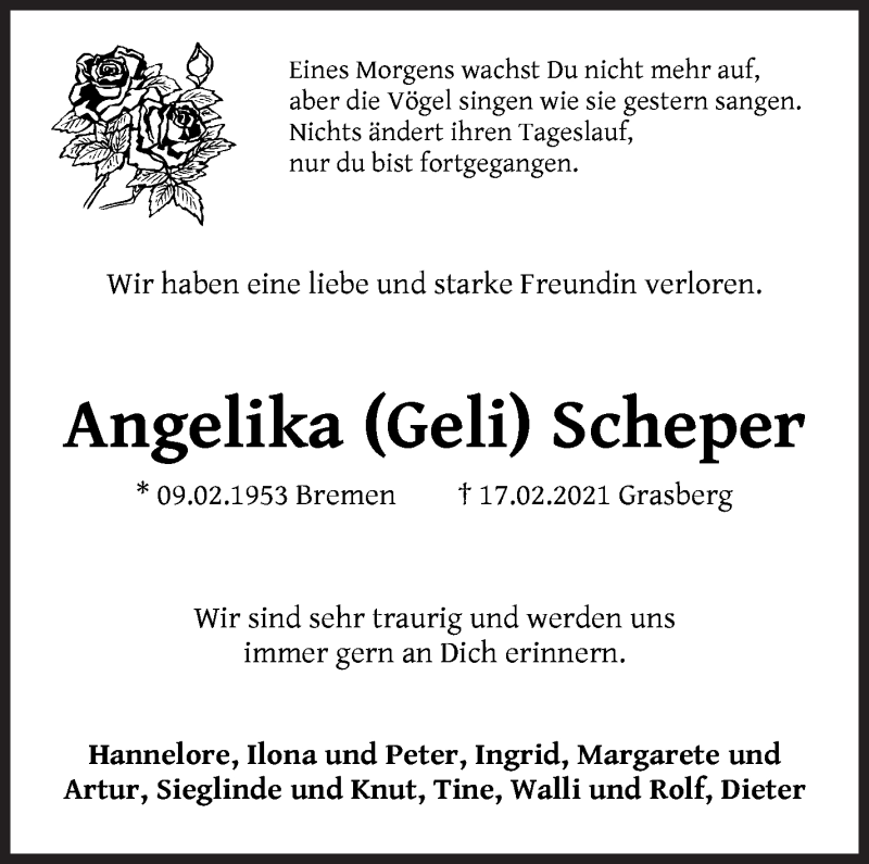  Traueranzeige für Angelika Scheper vom 20.02.2021 aus WESER-KURIER