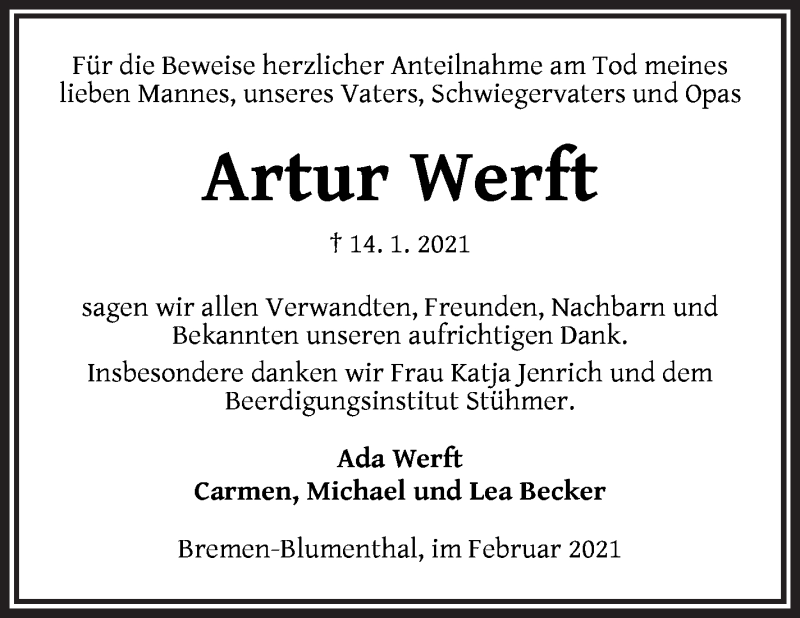  Traueranzeige für Artur Werft vom 13.02.2021 aus Die Norddeutsche