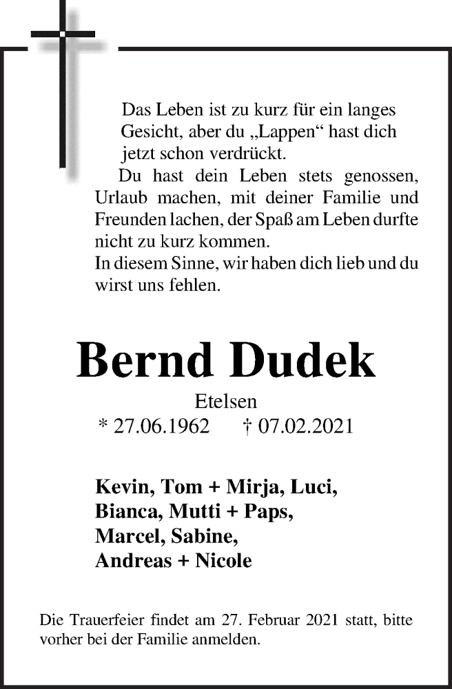  Traueranzeige für Bernd  Dudek vom 20.02.2021 aus WESER-KURIER