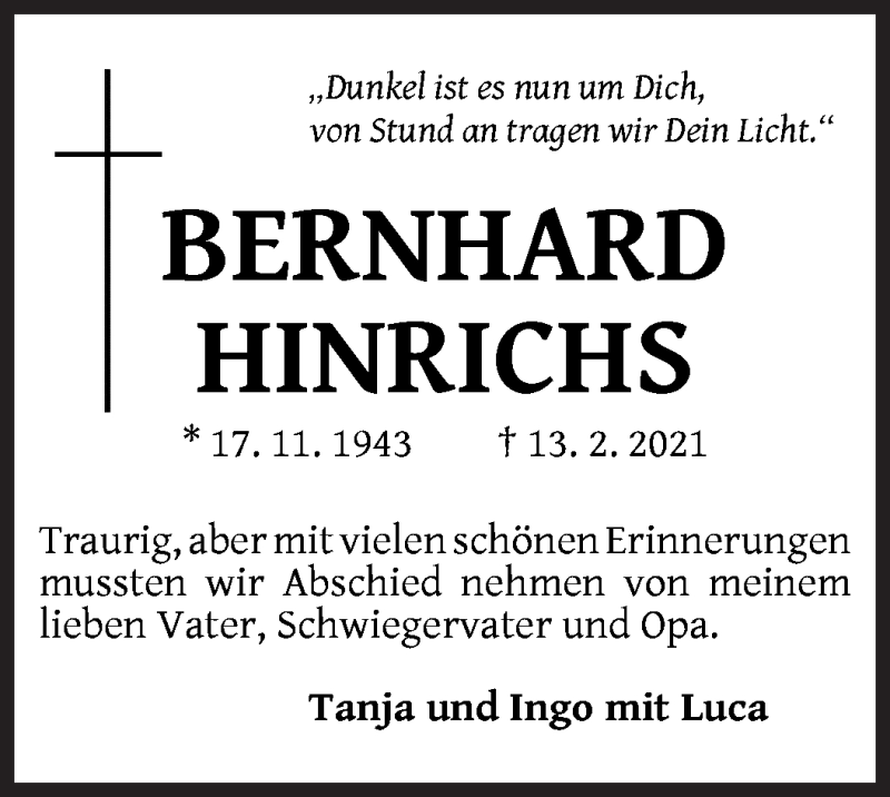 Traueranzeige von Bernhard Hinrichs von WESER-KURIER
