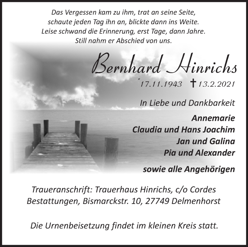  Traueranzeige für Bernhard Hinrichs vom 20.02.2021 aus WESER-KURIER