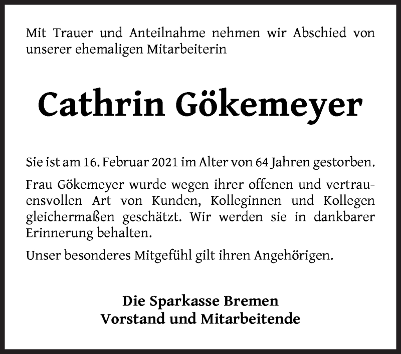 Traueranzeige von Cathrin Gökemeyer von WESER-KURIER