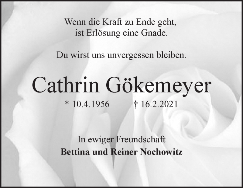Traueranzeige von Cathrin Gökemeyer von WESER-KURIER