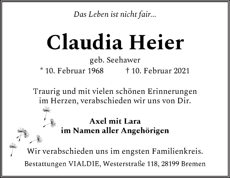  Traueranzeige für Claudia Heier vom 20.02.2021 aus WESER-KURIER